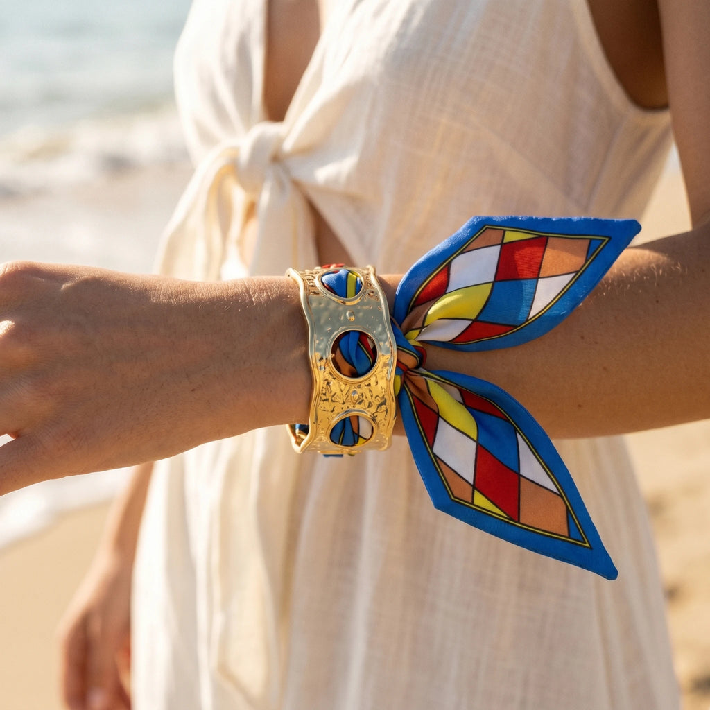 QIAOREN 11007 Colorful Geometric Scarf Bracelet Gold Stainless Steel Wide Cuff Adjustable Summer Beach Jewelry
