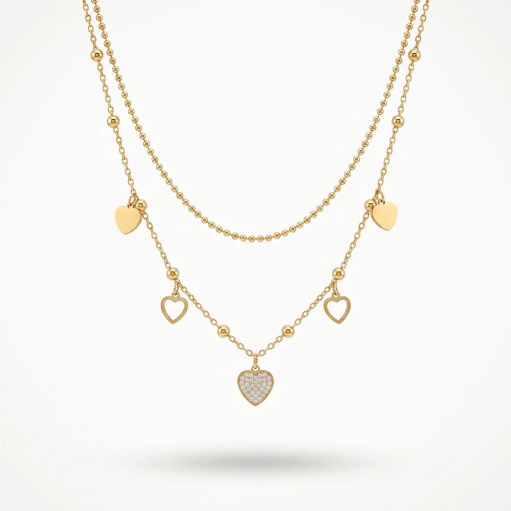 QIAOREN 13814 Fashion Double Layer Beaded Ball Chain Heart Pendant Necklace with Solid & Hollow Heart Charms, Central Paved CZ