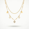 QIAOREN 13814 Fashion Double Layer Beaded Ball Chain Heart Pendant Necklace with Solid & Hollow Heart Charms, Central Paved CZ