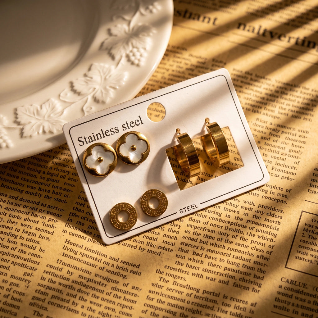 QIAOREN 14483 3 Pairs Gold Stainless Steel Earrings Set, Shell Clover Studs, Retro Greek Key Circle Studs & Thick Hoop Earrings