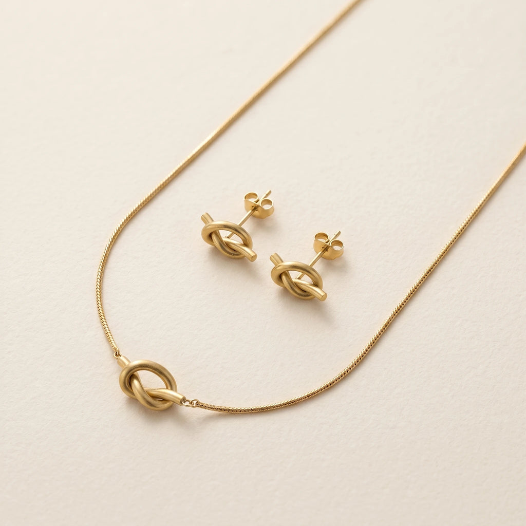 QIAOREN 11739 Boho Beach Love Knot Jewelry Set 18K Gold Stainless Steel Necklace & Earrings for Women
