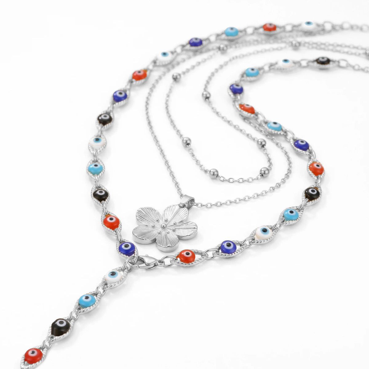 QIAOREN 12137  Fashion Trend Multicolored  Eye Bead Stainless Steel Flower Gold Necklace Gold Floral Chain
