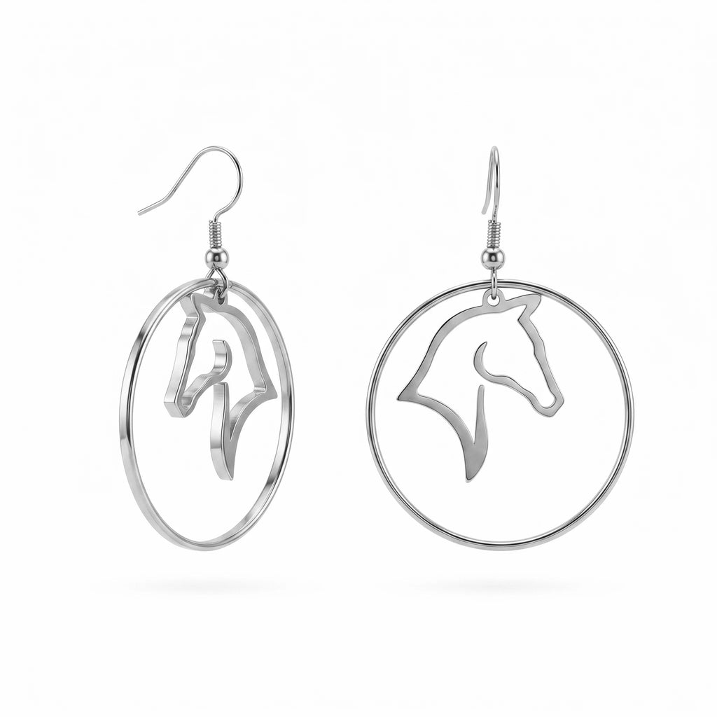 QIAOREN 10847 Hypoallergenic Stainless Steel Horse Head Earrings, Gold Plated Waterproof Drop Hoops for Equestrians