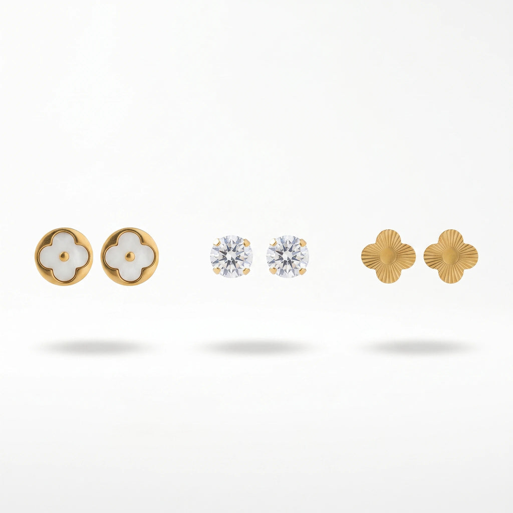 QIAOREN 14451 3 Pair Gold Stainless Steel Stud Earrings, White Quartz Clover, Round CZ & Textured Clover Studs