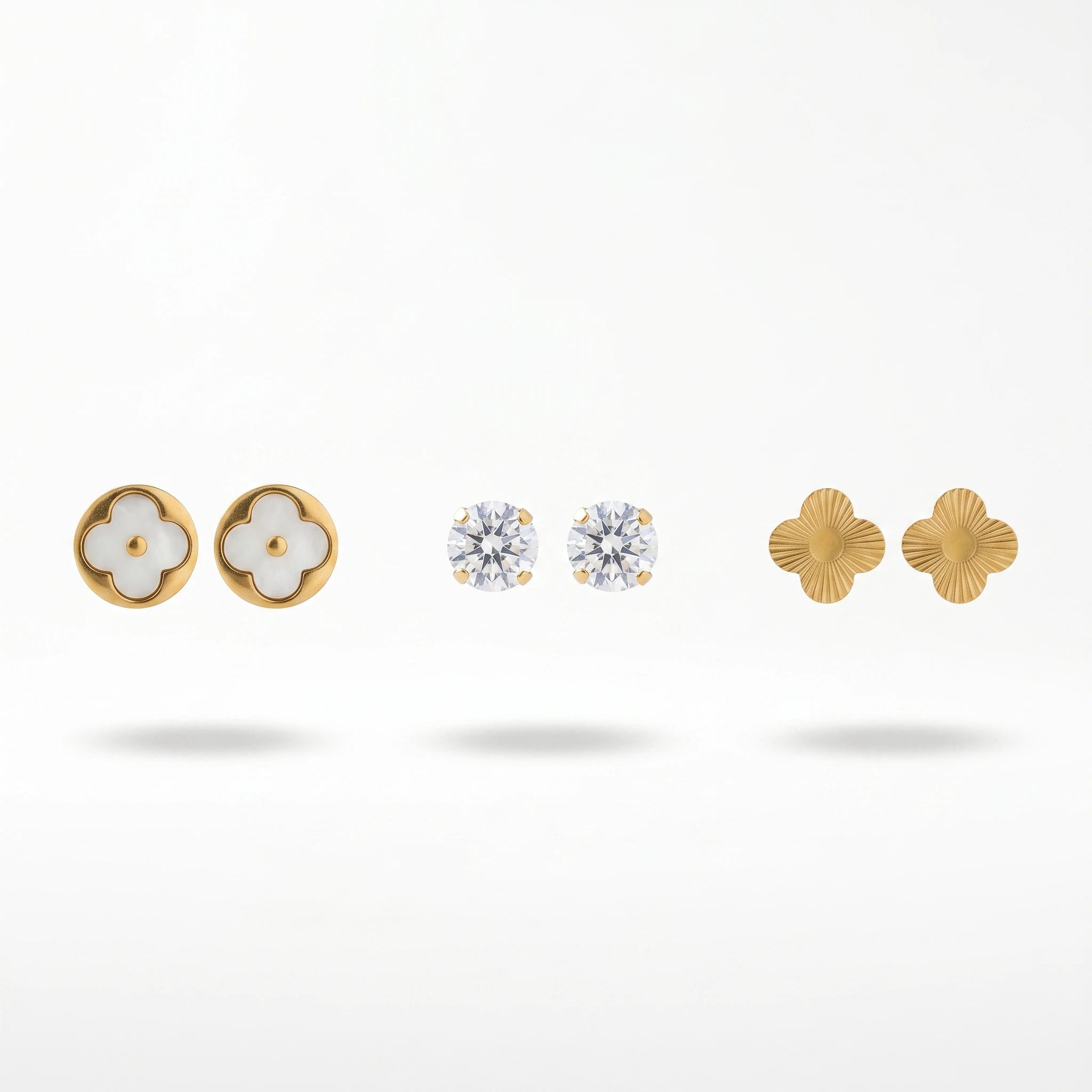QIAOREN 14451 3 Pair Gold Stainless Steel Stud Earrings, White Quartz Clover, Round CZ & Textured Clover Studs