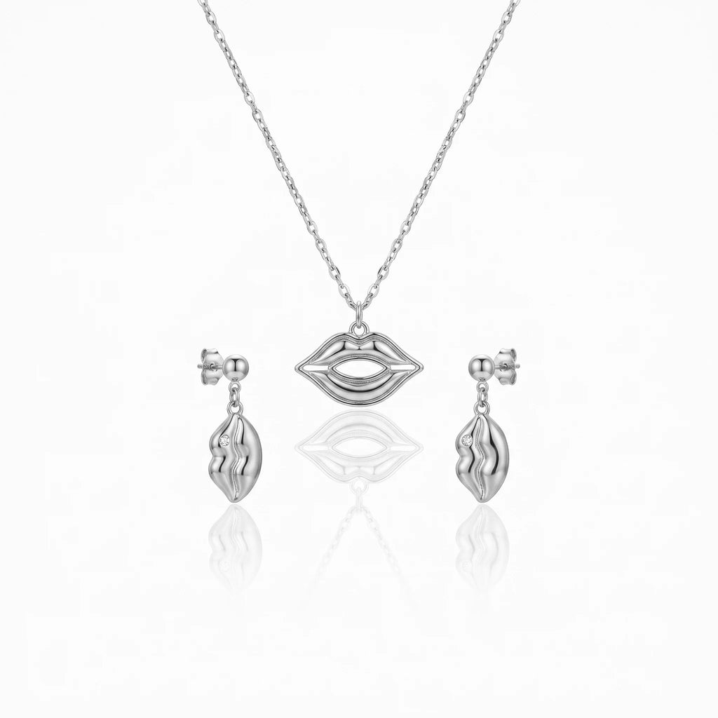 QIAOREN 11895 18K Gold Plated Stainless Steel Lips Jewelry Set Inlaid Tiny Zircon Pout Lips Necklace Dangle Earrings