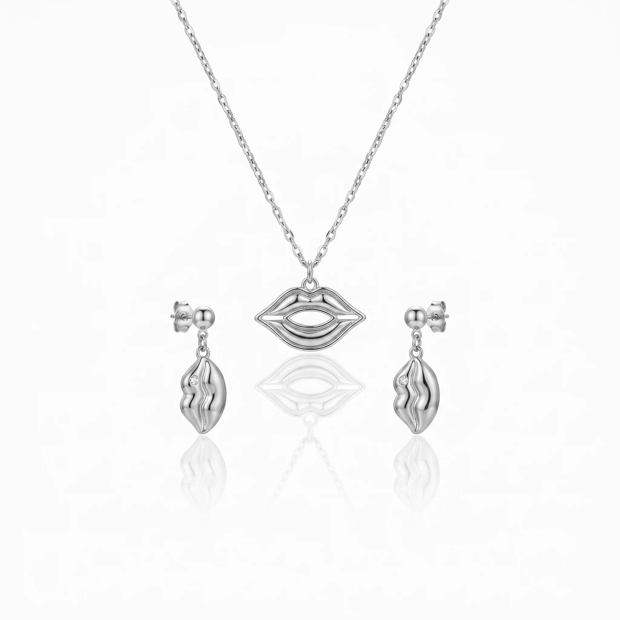 QIAOREN 11895 18K Gold Plated Stainless Steel Lips Jewelry Set Inlaid Tiny Zircon Pout Lips Necklace Dangle Earrings