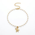 QIAOREN 11047 Chic Coastal Pearl Anklet with Gold Starfish Pendant Waterproof Vacation Jewelry for Women