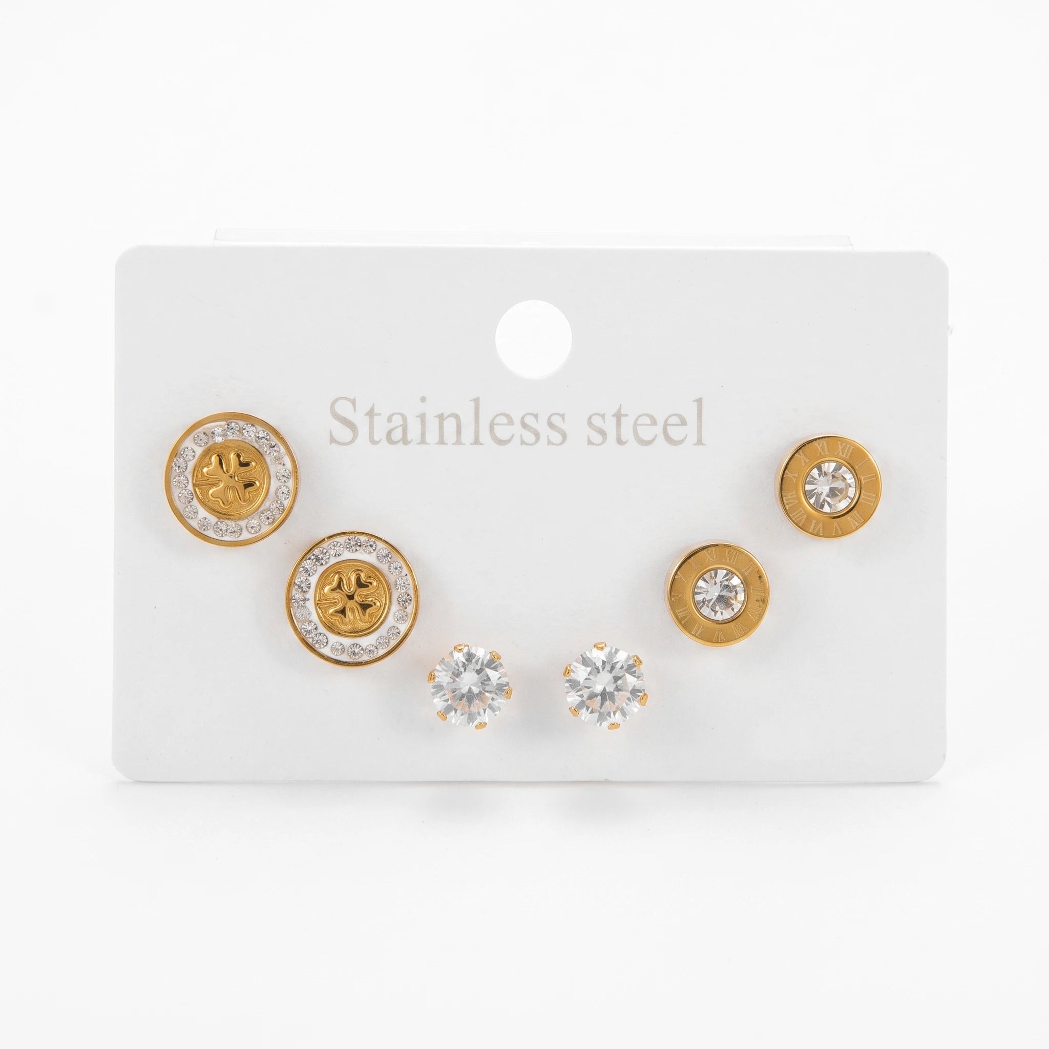QIAOREN 14461 3 Pair Gold Stainless Steel Stud Earrings Set, Clover, Roman Numeral & Round CZ Studs for Daily Fashion Jewelry
