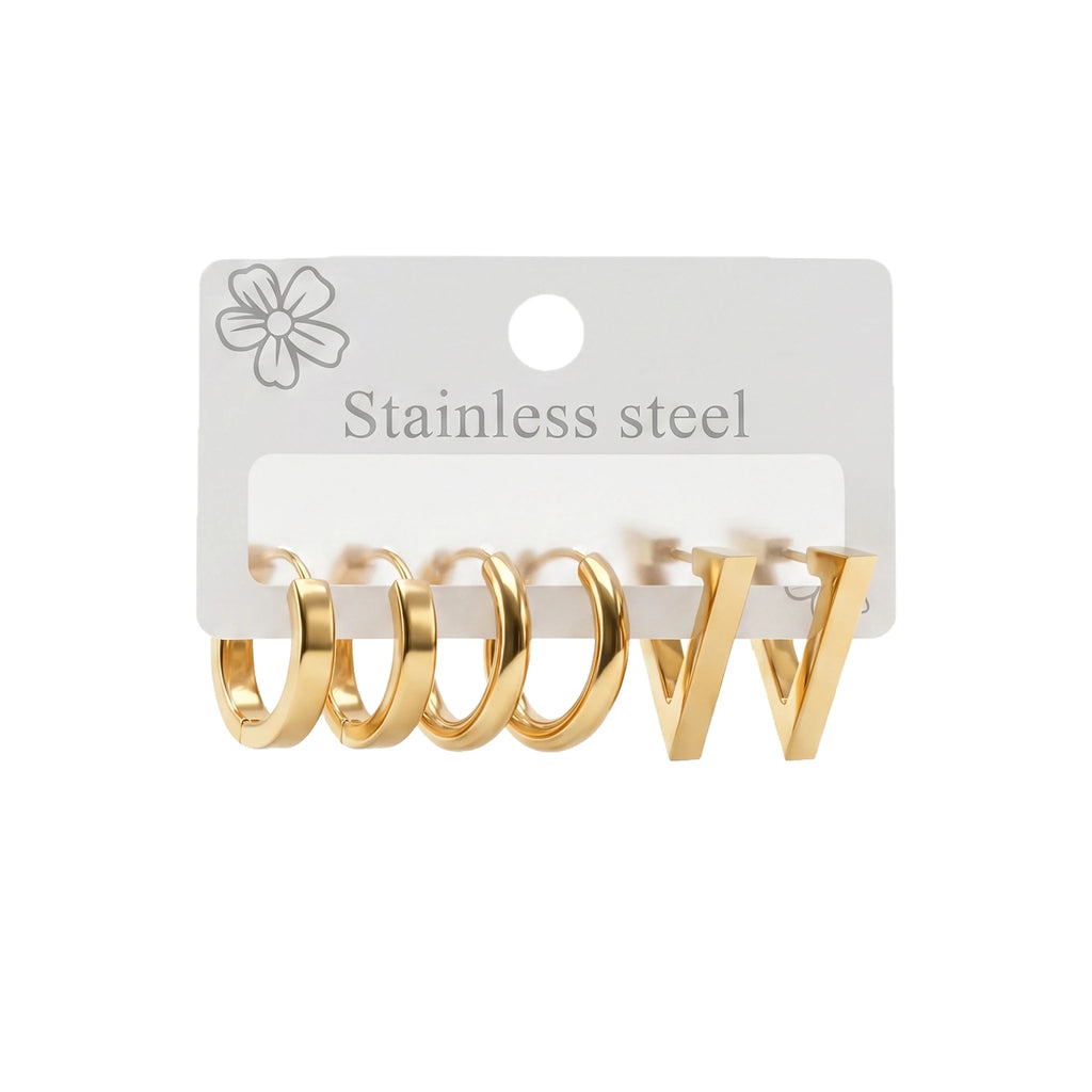 QIAOREN 14456 3 Pair Gold Stainless Steel Earrings Set, Classic Hoop, Chunky Hoop & V Shape Studs Daily Casual Fashion Jewelry