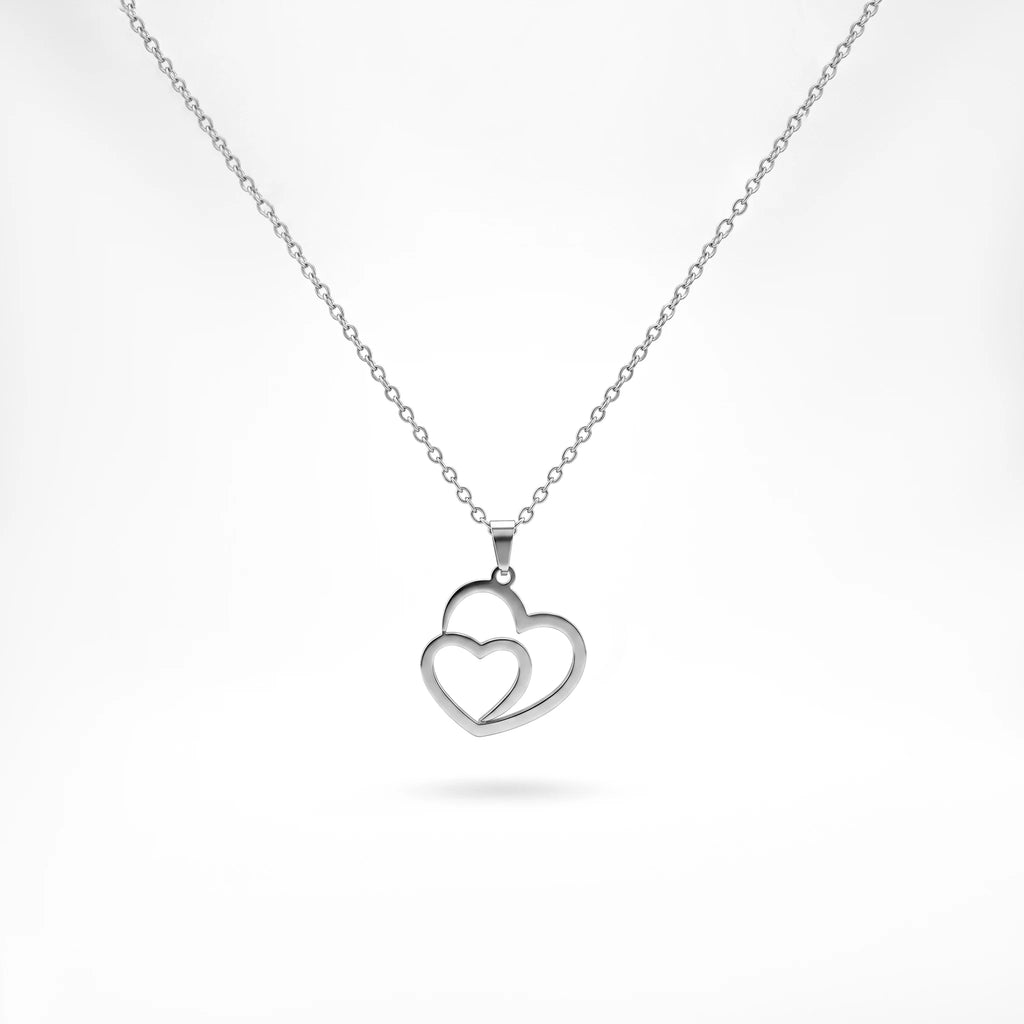 QIAOREN 12876 18K Gold Plated Double Heart Necklace, Waterproof Tarnish Free Stainless Steel Minimalist Interlocking Jewelry