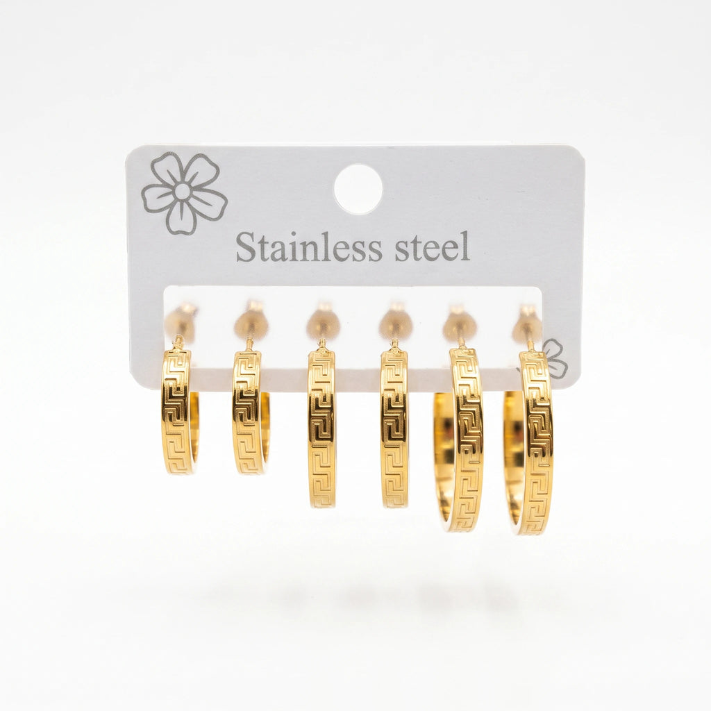 QIAOREN 14597 Geometric Gold Stainless Steel Hoop Earrings Huggie Earrings Greek Pattern Design Waterproof Anti Allergy Jewelry
