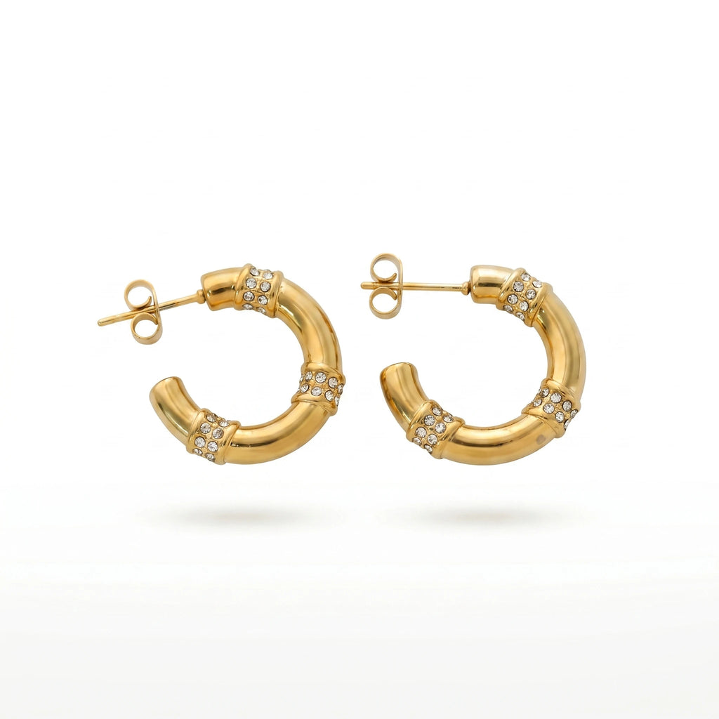 QIAOREN 12501  Segmented Hoop Earrings Gold Stainless Steel Micro Pave CZ Chunky C Hoops Women Statement US