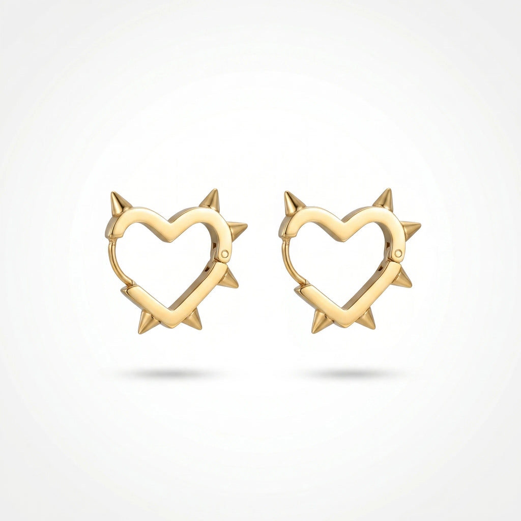QIAOREN 13041 Edgy Spike Heart Huggie Hoop Earrings 18K Gold Stainless Steel Gothic Y2K Punk Rivet Heart Small Hoop Earring