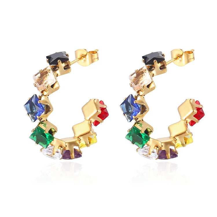 QIAOREN 12208-16  Gold Plated Stainless Steel Rainbow Square CZ Huggie Hoop Earrings