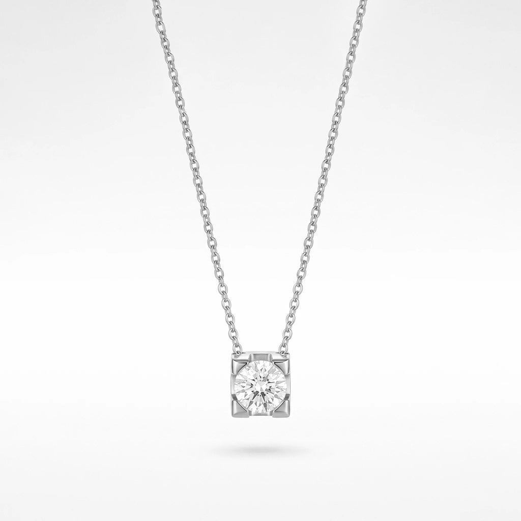 QIAOREN 13468 Minimalist Four Prong Round Cut Cubic Zirconia Pendant Necklace, Dainty Thin Cable Chain Single Stone Necklace