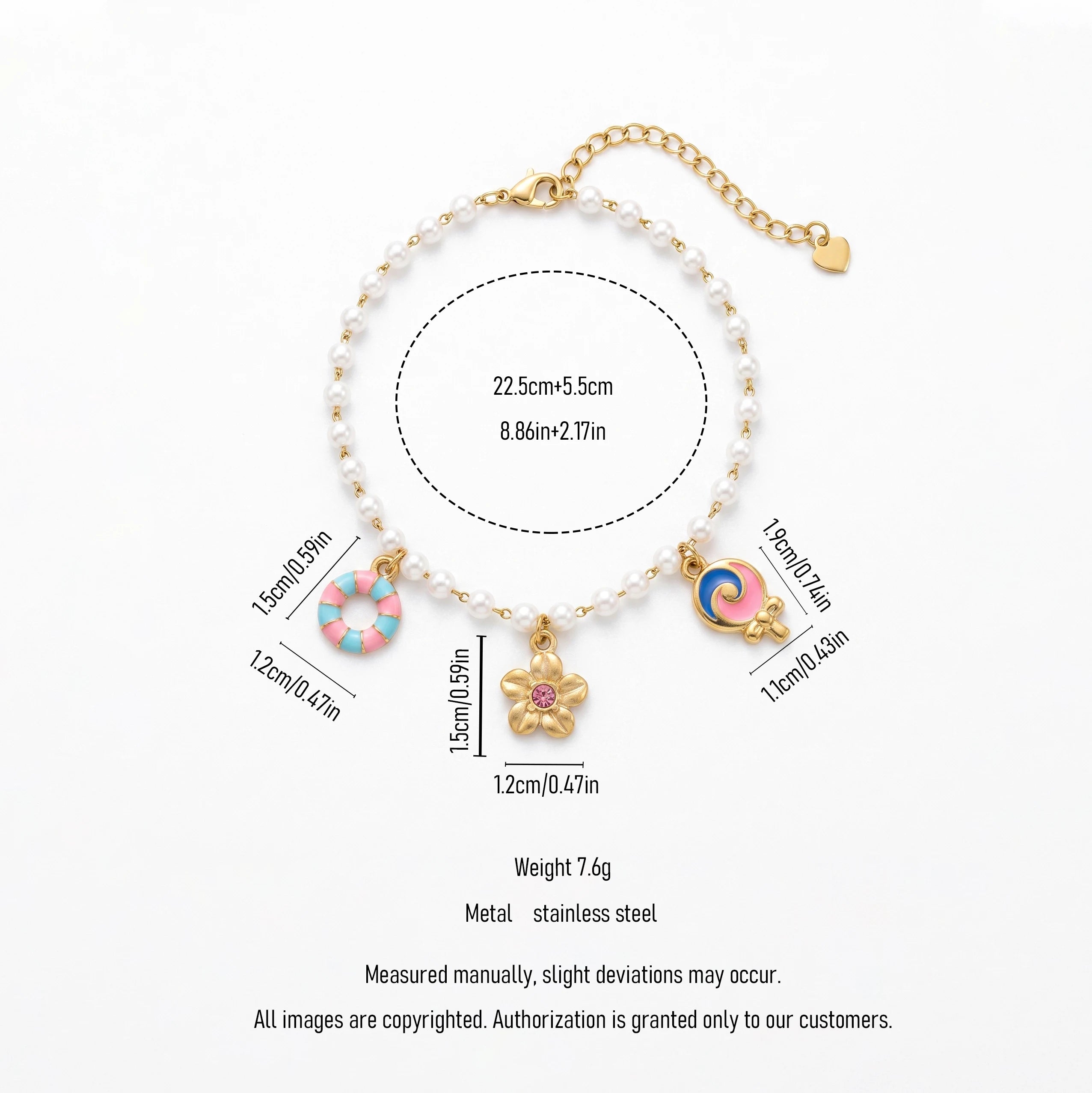 QIAOREN 13322 Tiny Pearl Anklet with Swim Ring, Flower & Lollipop Charms, Sweet Foot Jewelry Gift for Summer Casual Vibe