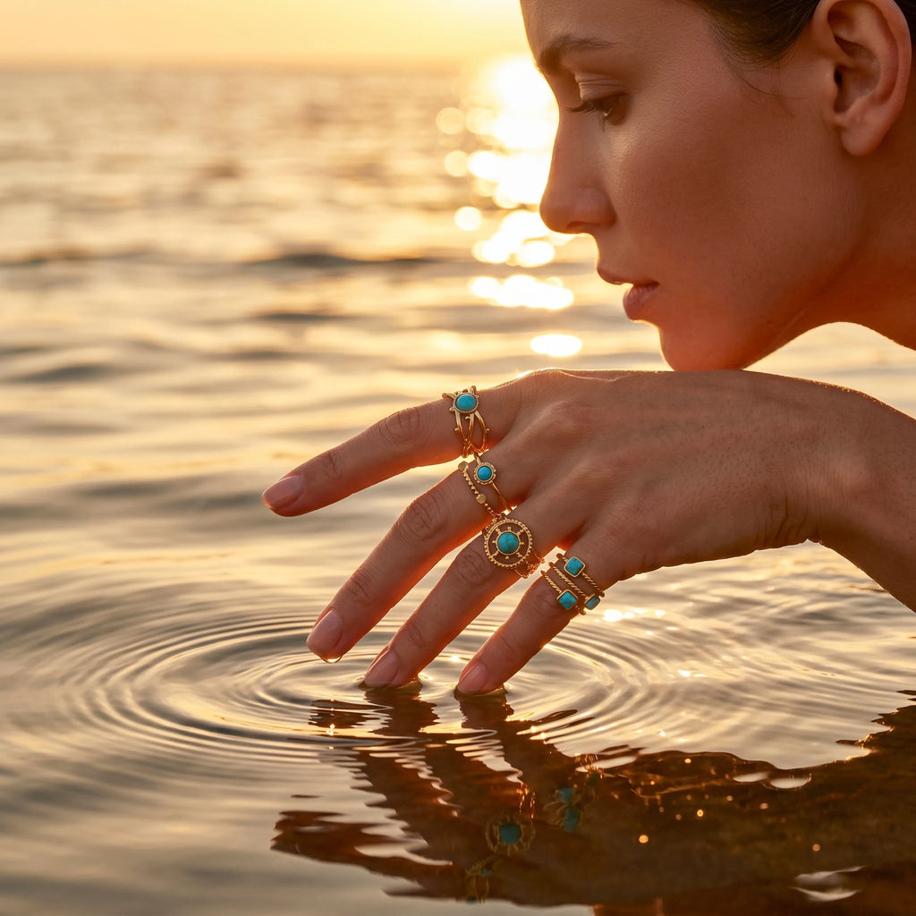 QIAOREN 13146-50 5Pcs Gold Turquoise Open Cuff Ring Set, Boho Hollow Inlaid Turquoise Stainless Steel Stackable Jewelry