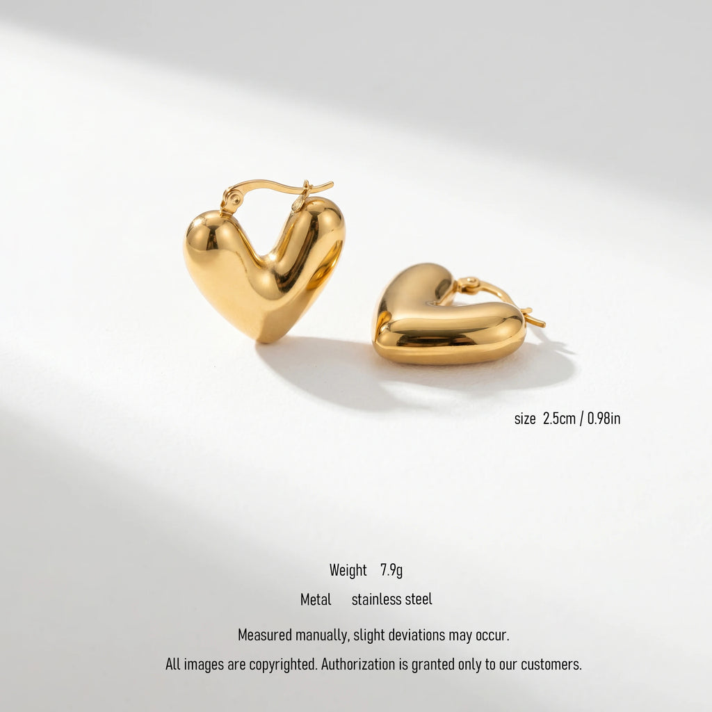 QIAOREN 10737 2.5cm Puffy Heart Hoop Earrings, 18K Gold Plated Stainless Steel Hypoallergenic Earrings