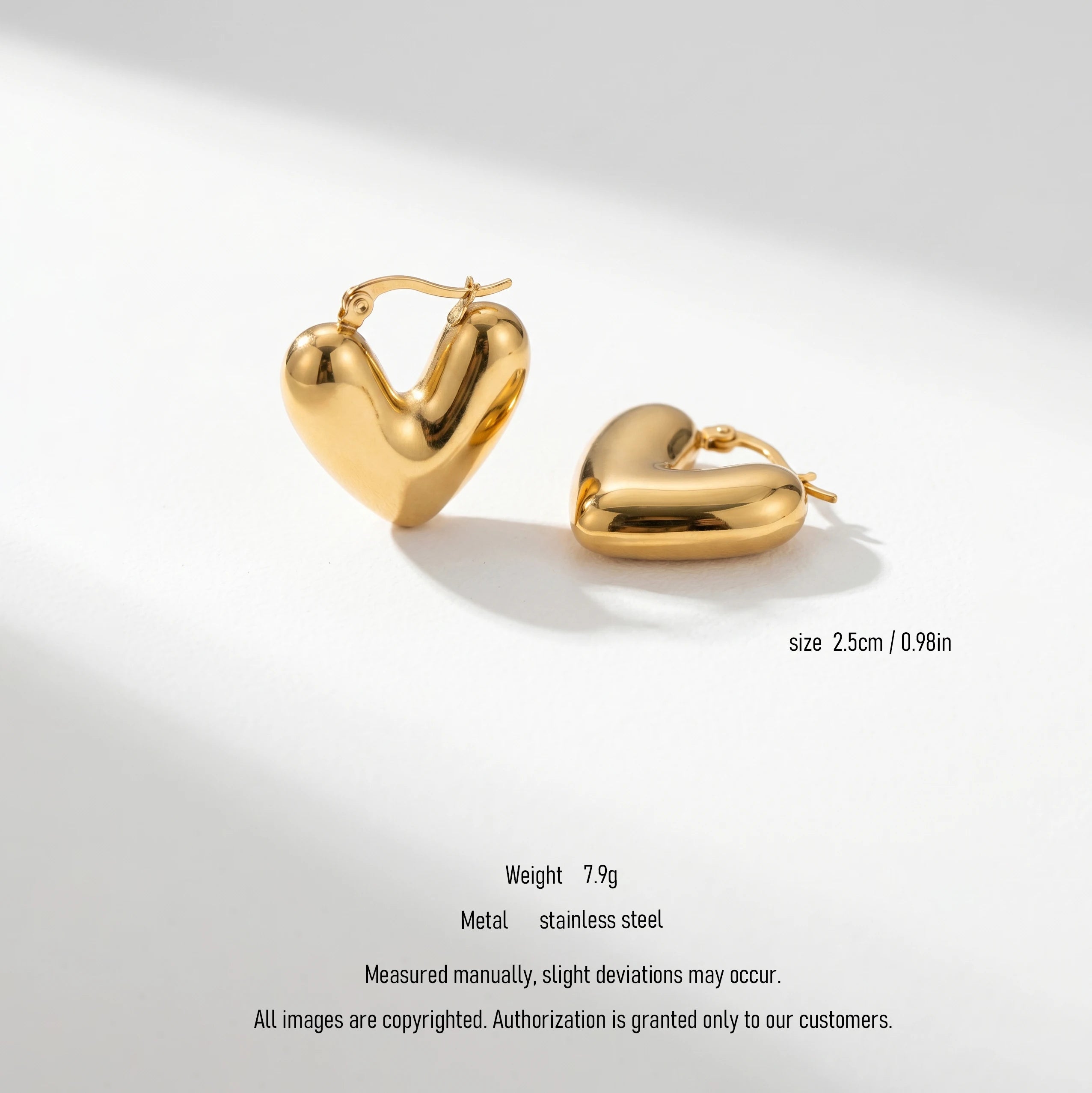 QIAOREN 10737 2.5cm Puffy Heart Hoop Earrings, 18K Gold Plated Stainless Steel Hypoallergenic Earrings