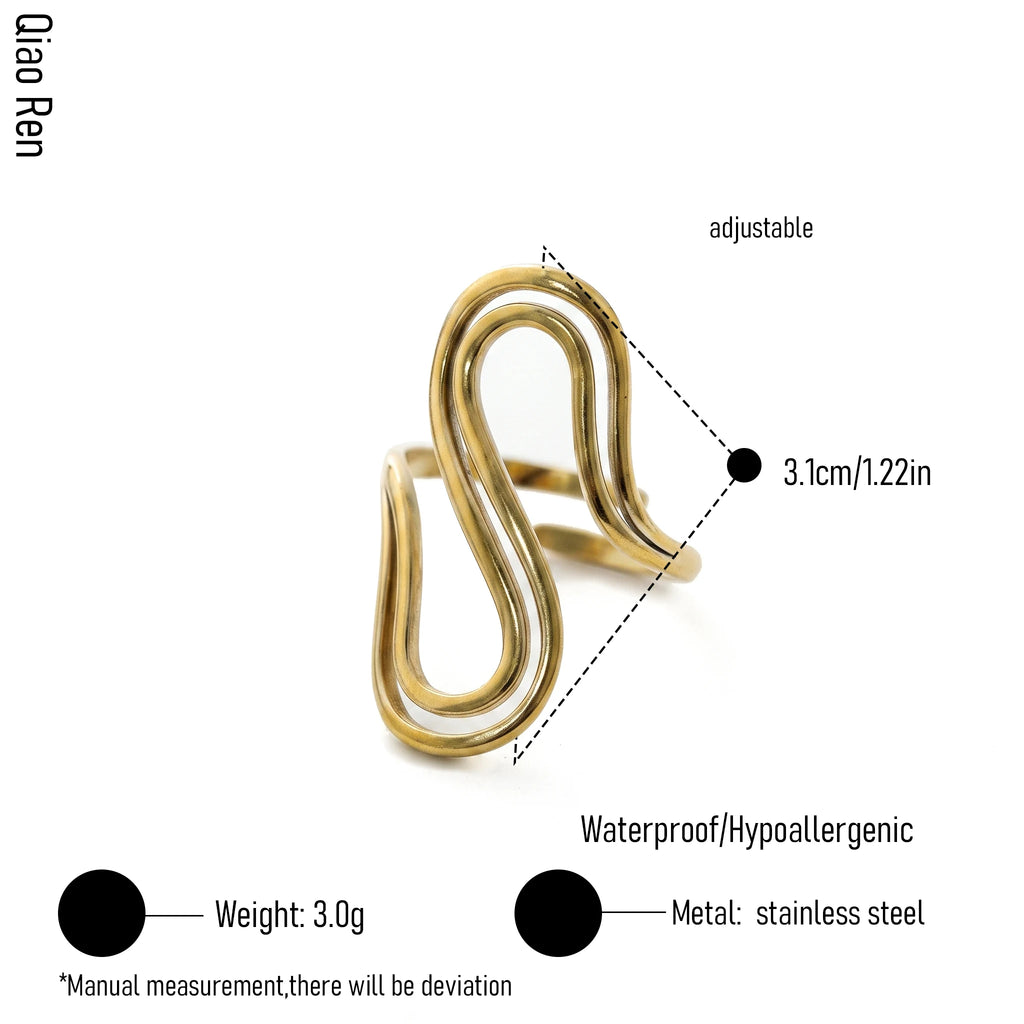 QIAOREN 14284-93 Abstract Irregular Wavy Open Cuff Ring Set, Adjustable Stackable Statement Rings, Stainless Steel Jewelry Gift