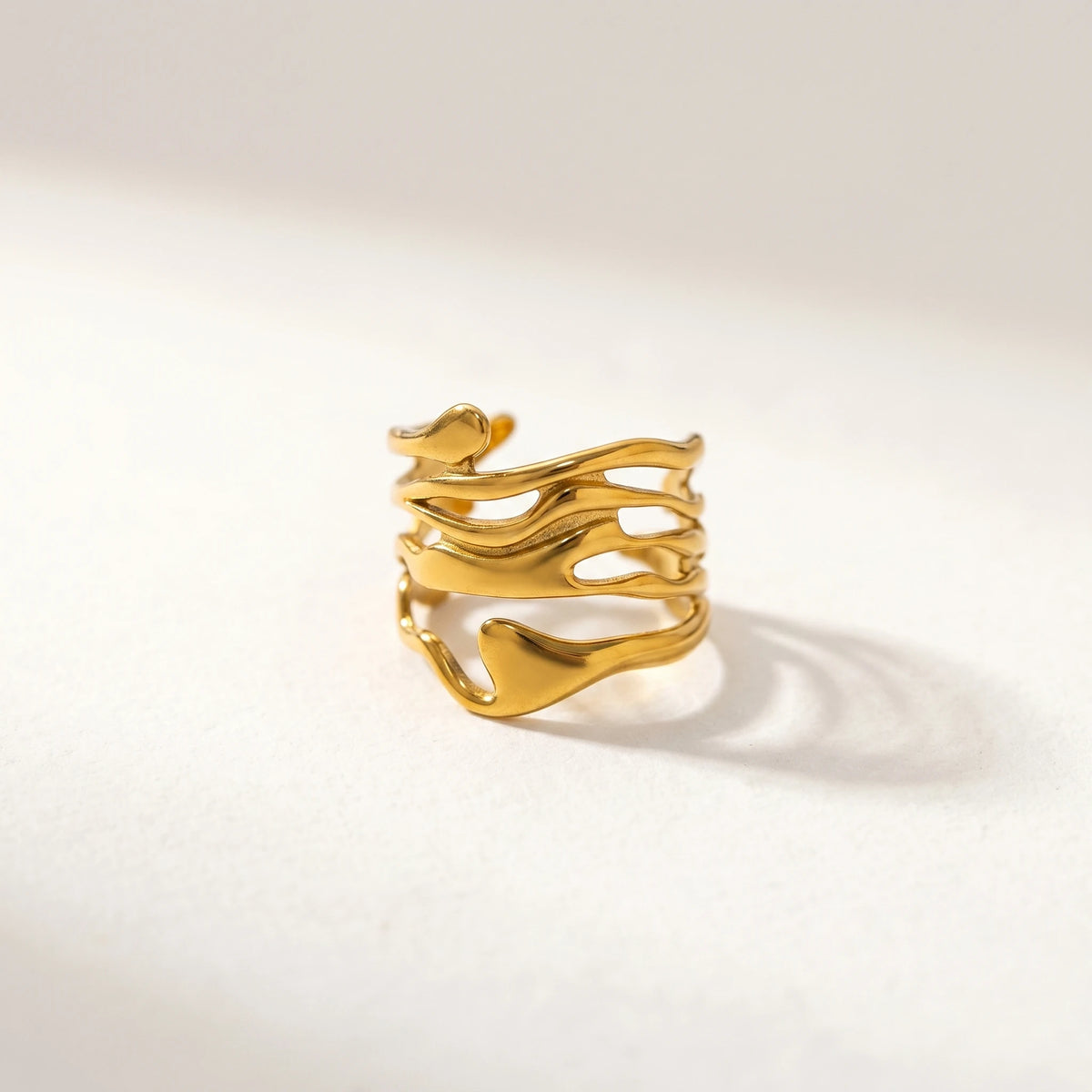 QIAOREN 13121-25 5Pcs 18K Gold Plated Stainless Steel Open Ring Set, Adjustable Stackable Durable Finger Rings