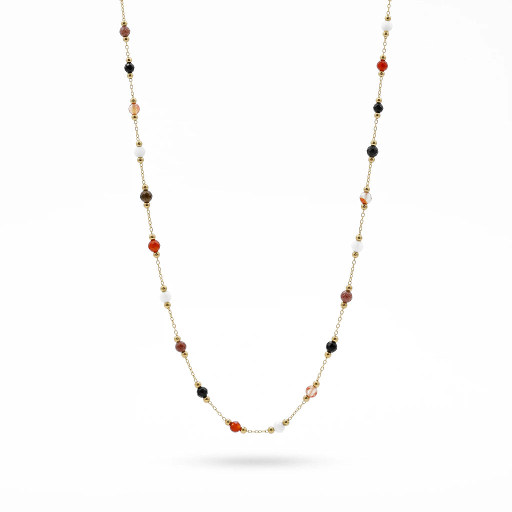 QIAOREN 13534 Mixed Stone Stainless Steel Necklace, Red Agate Black Onyx White Jade Faceted Round Beads