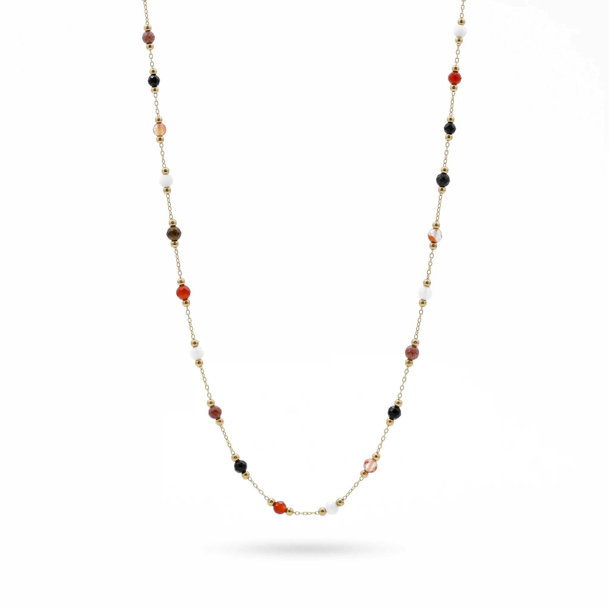 QIAOREN 13534 Mixed Stone Stainless Steel Necklace, Red Agate Black Onyx White Jade Faceted Round Beads