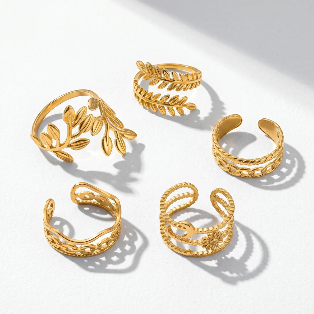QIAOREN 10709 5Pcs Trendy Gold Plated Stainless Steel Adjustable Stackable Inlay Statement Ring Watch Set for Women