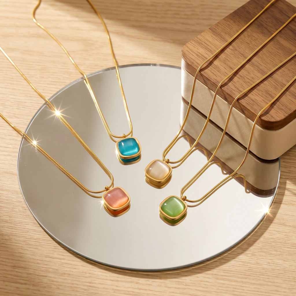 QIAOREN 13754-57  Multi Color Thin Snake Chain Pendant Necklaces with Rounded Square Cat Eye Stone Charms