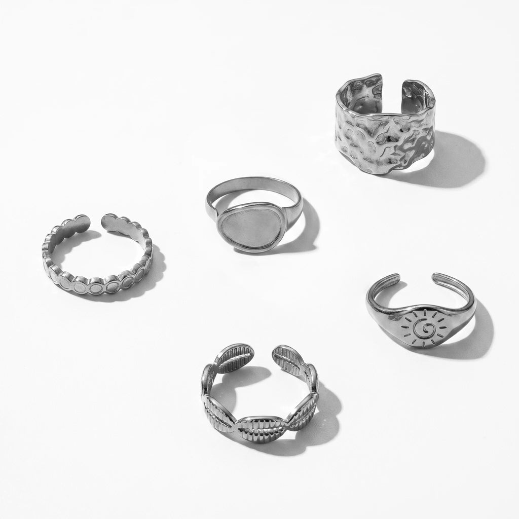 QIAOREN Stainless Steel 5Pcs Stackable Ring Set PVD Gold Plated Adjustable Open Jewelry for Women