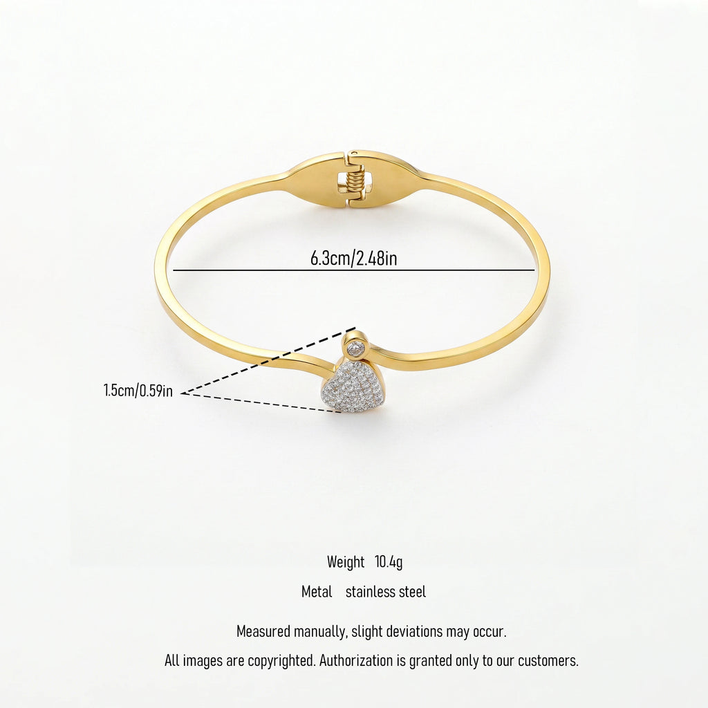 QIAOREN 13653 Thin Wire Spring Cuff Bangle with Paved Zircon Heart & Tiny Single Crystal Dual Charms, Polished Gold Open Bangle