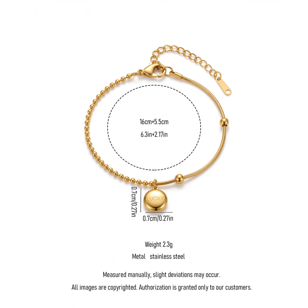 QIAOREN 13771 Asymmetric Dual Link Bracelet with Ball Bead Chain & Snake Wire Mixed Design, Engraved LUCKY Round Disc Charm