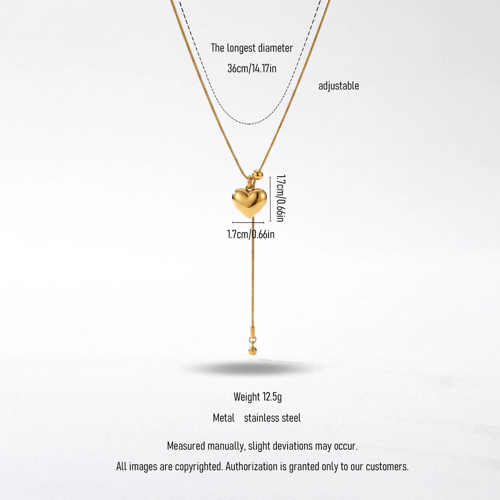 QIAOREN 12917 18K Gold Plated 316L Stainless Steel Puffed Heart Y Necklace Waterproof Tarnish Free Snake Chain Lariat Jewelry