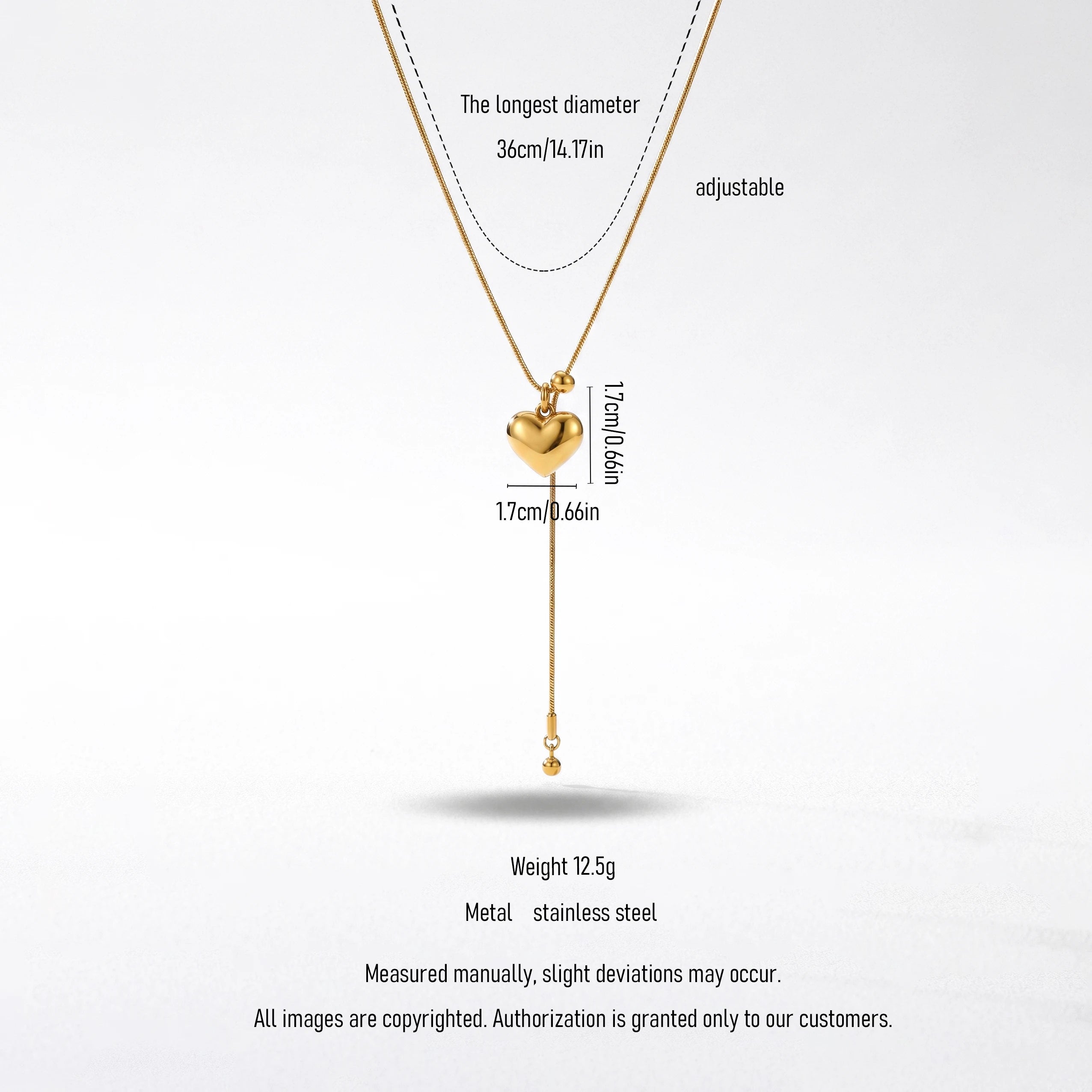 QIAOREN 12917 18K Gold Plated 316L Stainless Steel Puffed Heart Y Necklace Waterproof Tarnish Free Snake Chain Lariat Jewelry