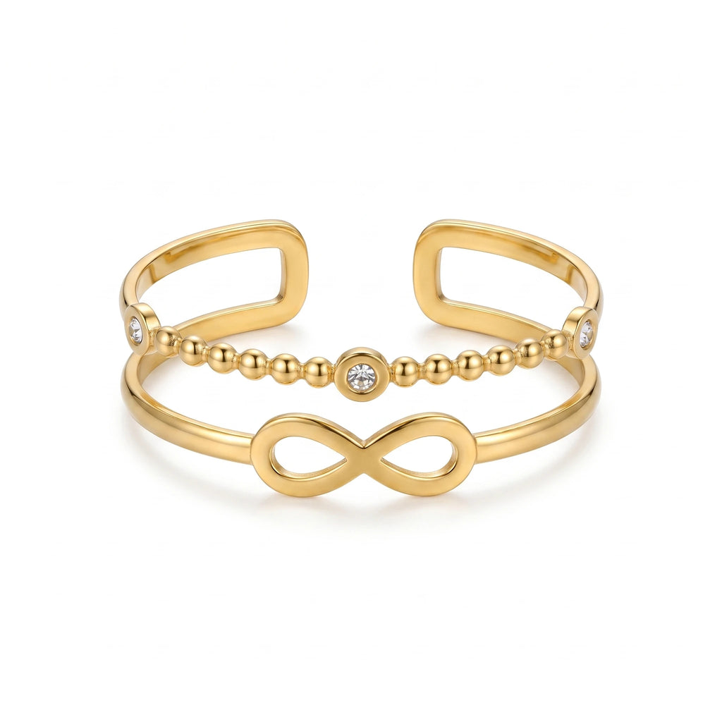 QIAOREN 11884 Minimalist Double Layer Infinity Cuff Bracelet 18K Gold Stainless Steel Beaded CZ Open Bangle Daily Wear Jewelry