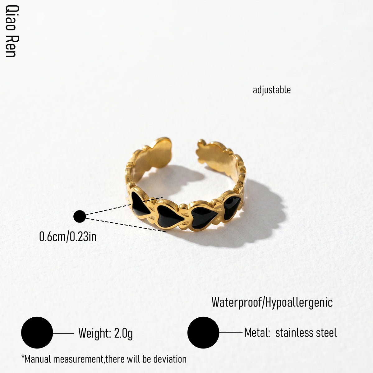 QIAOREN 14175-79 Black Enamel Heart & Sun Open Ring Set, Irregular Love Shape Adjustable Stackable Ring Jewelry Gift