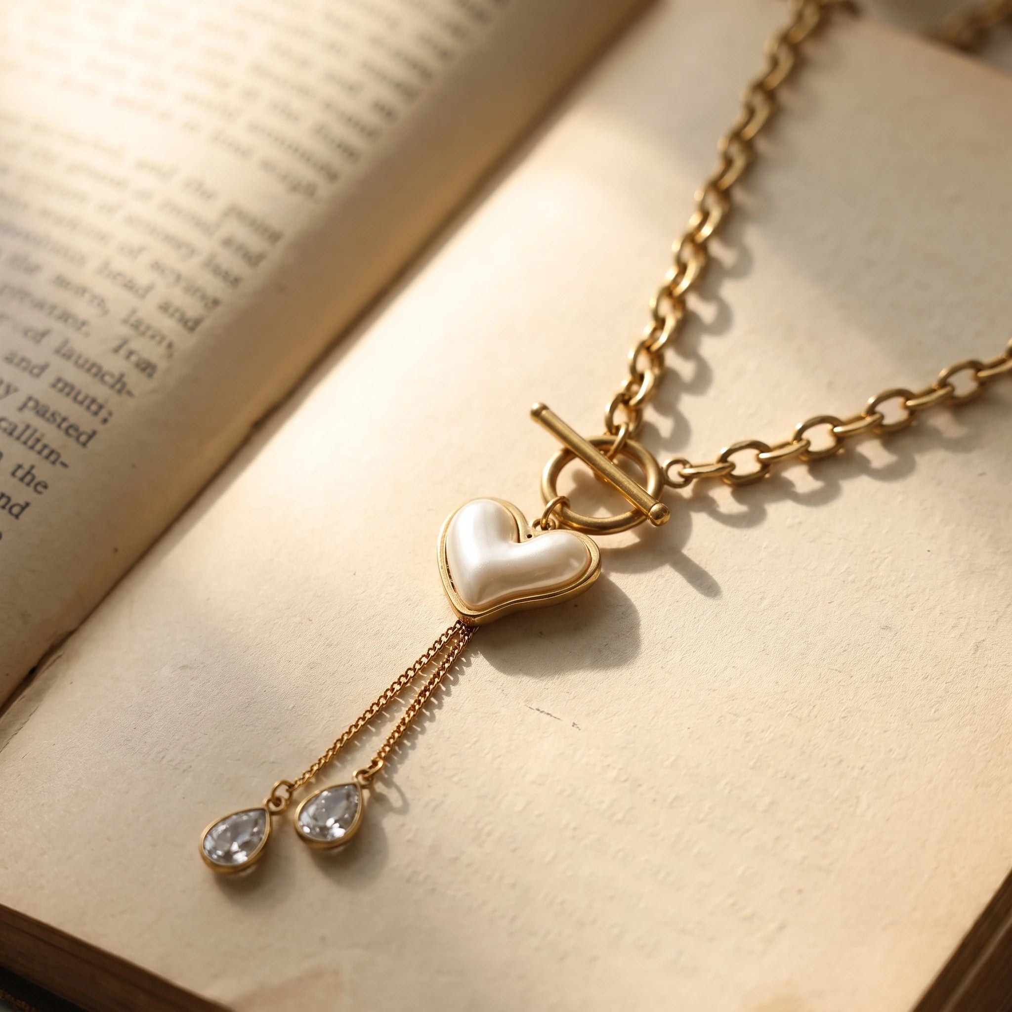 QIAOREN 14419 Heart Shell OT Toggle Tassel Necklace With Teardrop CZ, Stainless Steel Chain Necklace Jewelry Gift