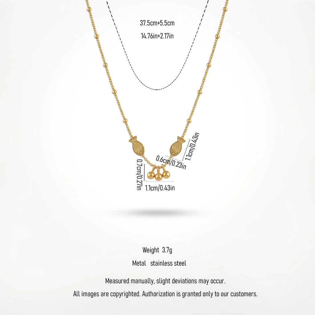 QIAOREN 13992 Beaded Cable Chain Pendant Necklace with Two Textured Fish Charms and Dangling Smooth Round Beads