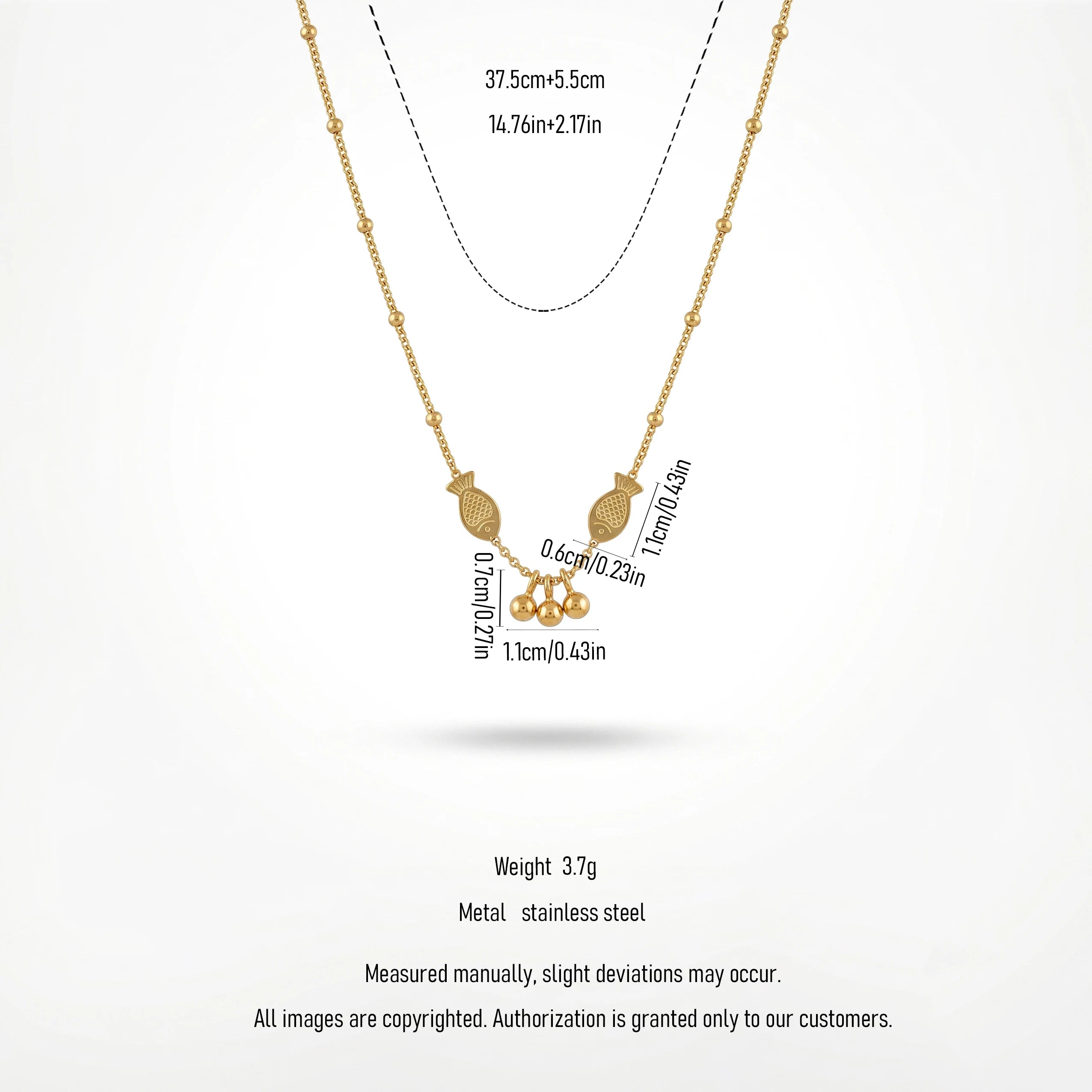 QIAOREN 13992 Beaded Cable Chain Pendant Necklace with Two Textured Fish Charms and Dangling Smooth Round Beads