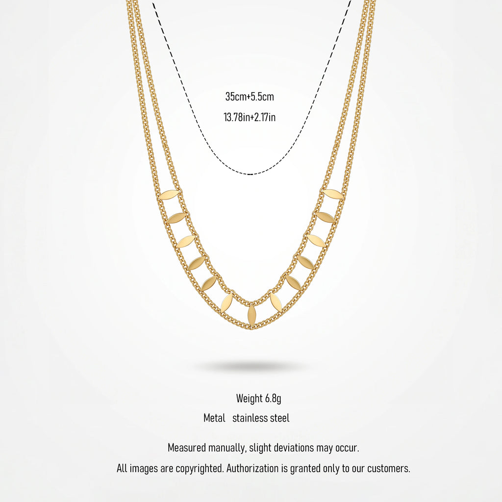 QIAOREN 13935 Double Layer Curb Chain Necklace with Marquise Leaf Shape Dangling Slice Charms, Polished Gold Stackable Leaf
