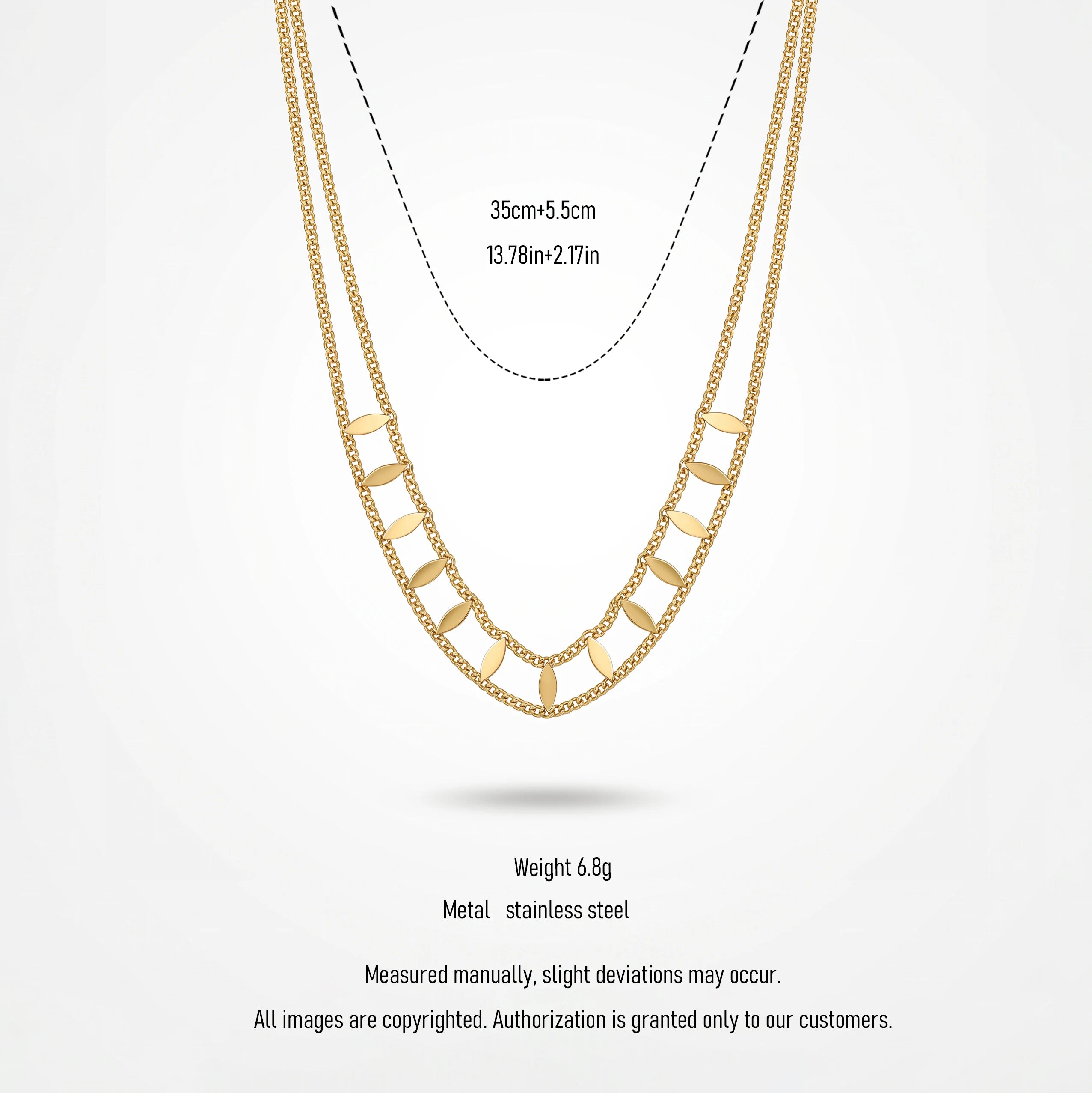 QIAOREN 13935 Double Layer Curb Chain Necklace with Marquise Leaf Shape Dangling Slice Charms, Polished Gold Stackable Leaf