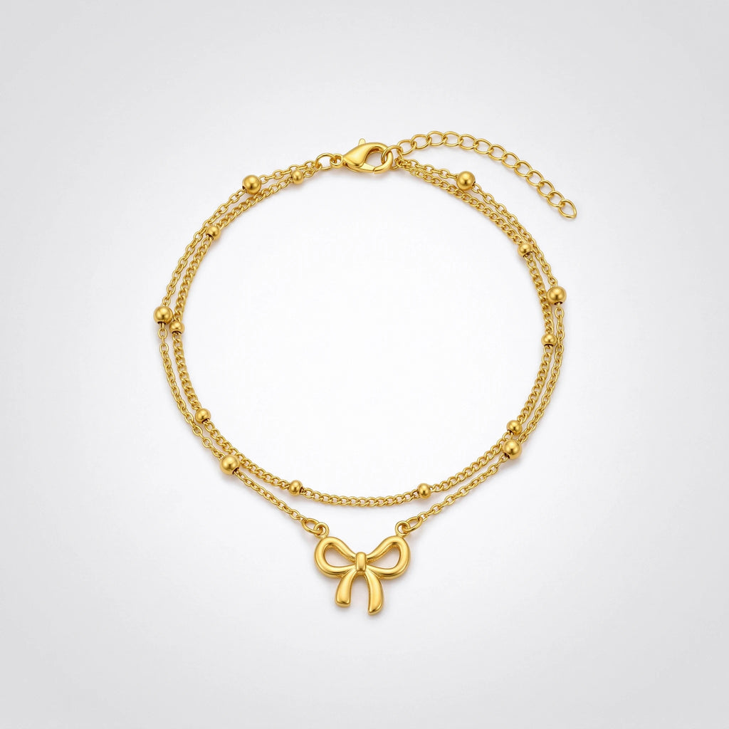 QIAOREN 10643 Summer Beach Butterfly Bow Anklet for Women Stainless Steel 18K Gold Plated Double Layered Beaded Chain Trendy