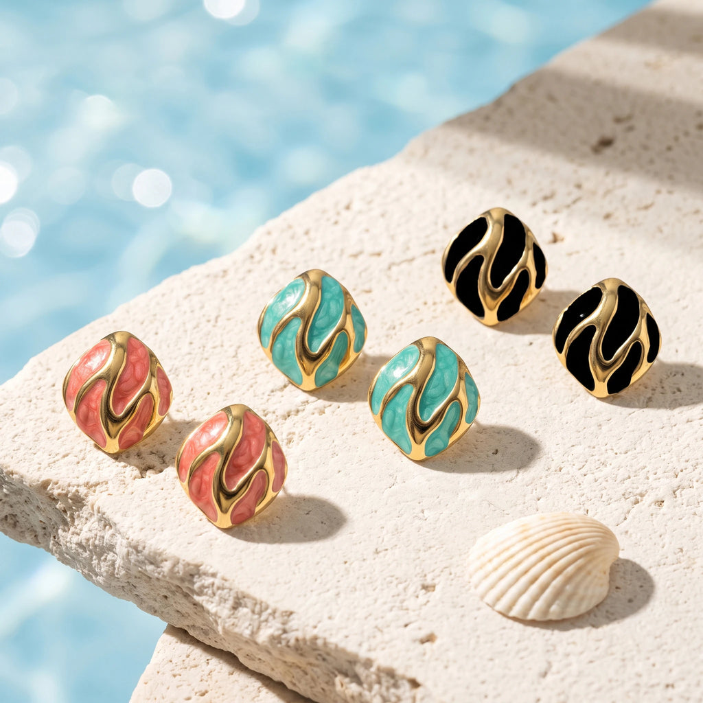 QIAOREN 13647-50  Irregular Square Wave Enamel Stud Earring Set, Curved Gold Line Inlaid Gloss Resin Gold Frame