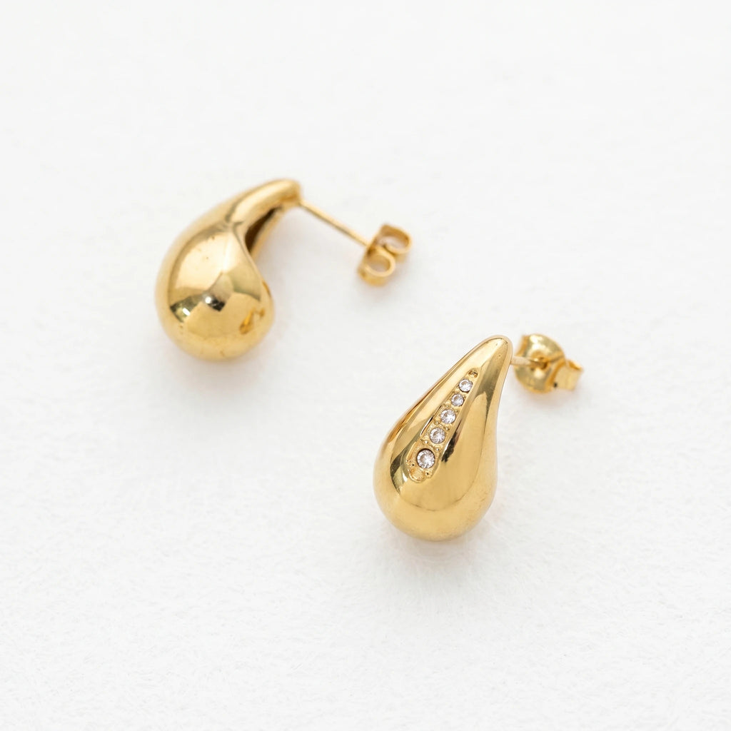 QIAOREN 12508 Tarnish Free Waterproof Gold Water Drop Earrings Stainless Steel Pave CZ Stripe Puffy Studs Women US EU