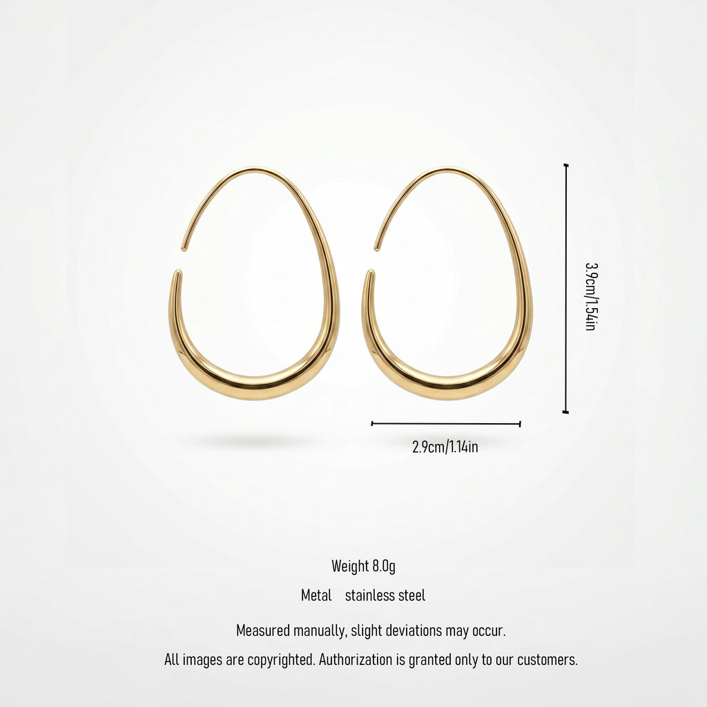 QIAOREN 12321 Waterproof Tarnish Free Open Drop Hoop Earrings Gold Stainless Steel Tapered Oval Egg Shaped Minimalist Jewelry