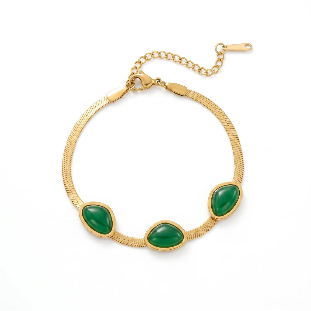 QIAOREN 13354 Gold Plated Stainless Steel Green Stone Herringbone Bracelet Minimalist Dainty Jewelry for Women