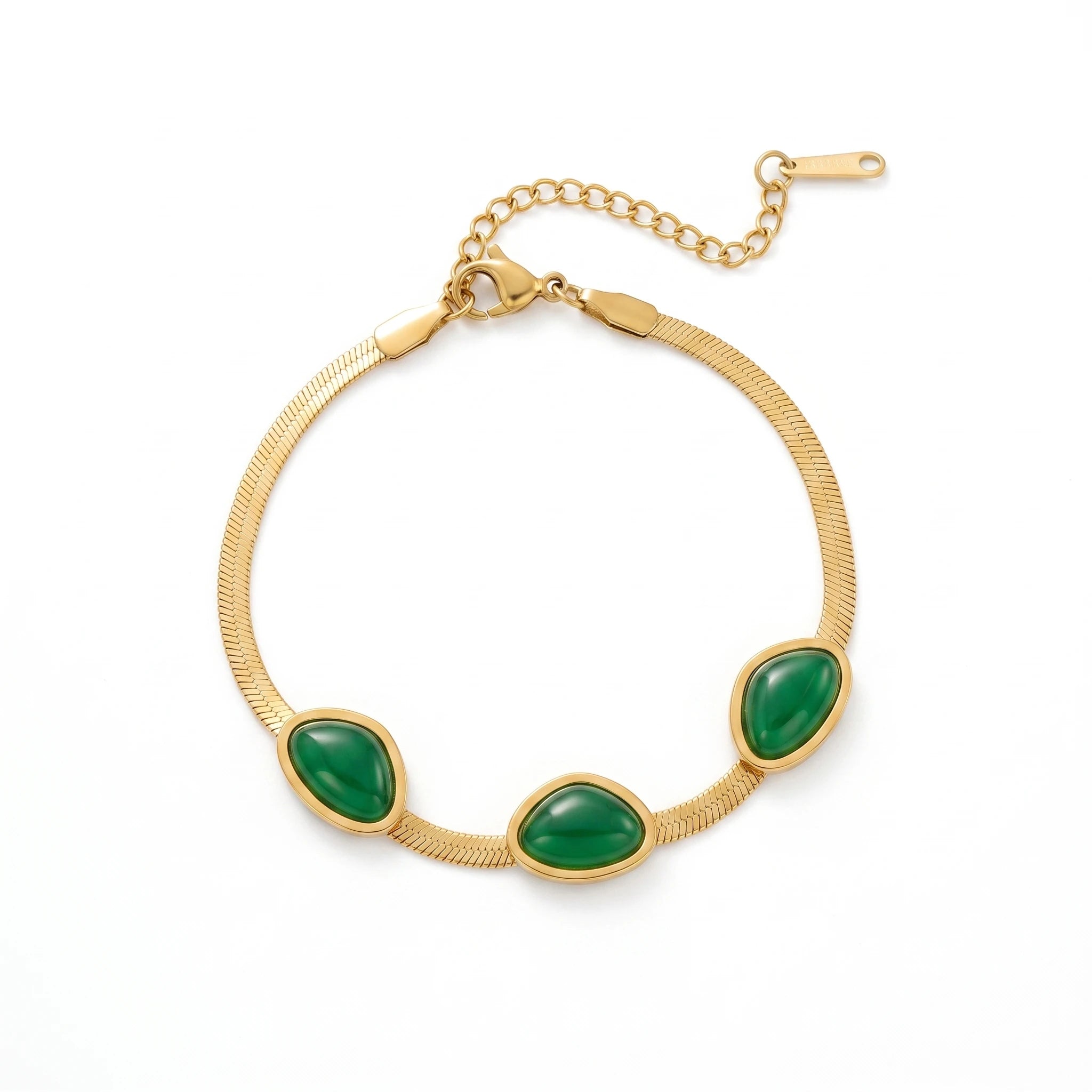 QIAOREN 13354 Gold Plated Stainless Steel Green Stone Herringbone Bracelet Minimalist Dainty Jewelry for Women