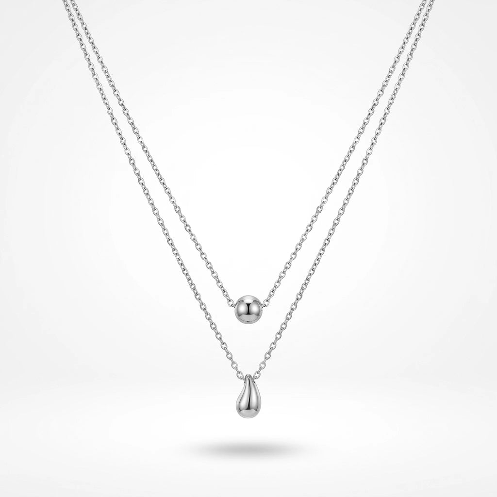 QIAOREN 10582 Water Drop Bead Double Layer Necklace 18K Gold Plated Stainless Steel Waterproof Tarnish Free Trendy Jewelry