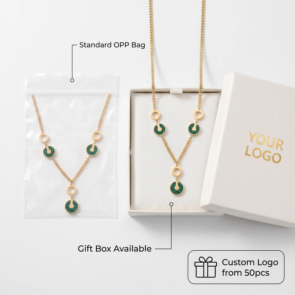 QIAOREN 14417 Paved CZ Concentric Circle Pendant Curb Chain Necklace, Stainless Steel Necklace Jewelry Gift
